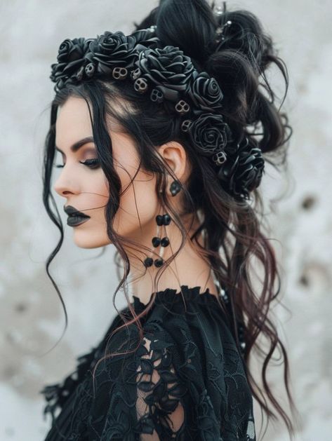 Victorian Style Hair Styles, Wedding Hairstyles With A Crown, Bridal Hair Styles With Tiara, Wedding Hair Accessories For Bride, Gothic Wedding Hair Styles, Gothic Bride Hair, Halloween Wedding Hair, Wedding Hair Goth, Black Curls Aesthetic