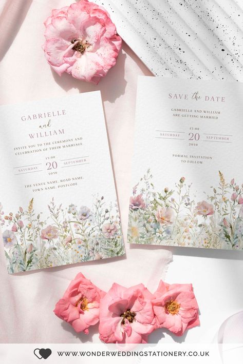 Dusty Pink Wildflower Wedding Invitations and Save the Dates Pink Flower Wedding Invitations, Whimsical Invitations Wedding, Save The Date Ideas Wedding, Watercolour Wedding Invite, Romantic Wedding Invitations, Garden Chic Wedding, Floral Wedding Stationery, Watercolour Florals, Invitation Layout