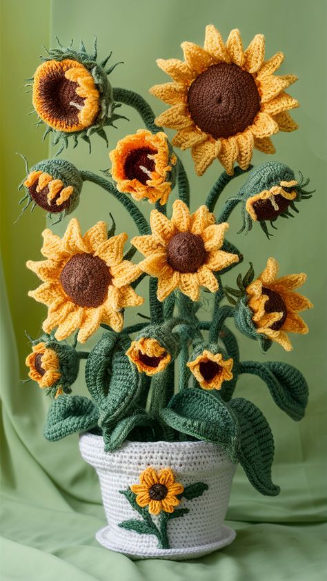 Free crochet pattern for a simple and beautiful blanket. Easy instructions for all skill levels. Perfect for brightening any room. Crochet Amigurumi Sunflower Pattern Free, Crochet Sunflowers, Large Crochet Sunflower Free Pattern, Crochet Sunflower Pattern Free, Crochet Sunflower In Pot Free Pattern, Crochet Potted Sunflower, Sunflower Crochet Pattern Pillow, Crochet Sunflower, Sunflower Pattern