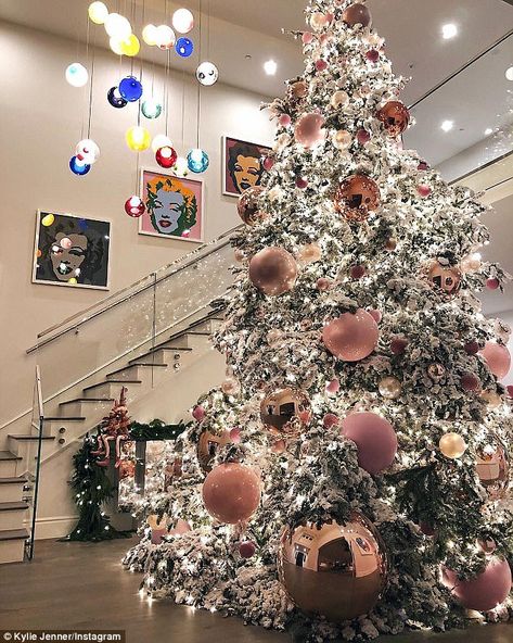 Magical: Kylie Jenner shared a photo of her massive Christmas tree this year from her Calabasas residence on Thursday Kardashian Christmas, Rose Gold Christmas Decorations, Rose Gold Christmas, A White Christmas, Gold Christmas Decorations, Pink Christmas Decorations, Christmas Tree Inspiration, Pink Christmas Tree, Noel Christmas