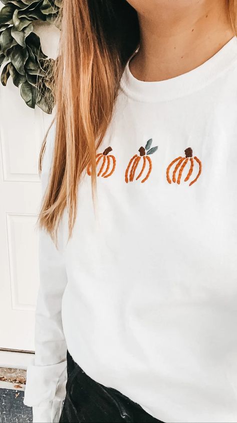 PDF DIGITAL Pattern Pumpkins DIY Thread Unraveled Beginner | Etsy Fall Shirt Embroidery, Pumpkin Embroidery Shirts, Halloween Embroidery Tshirt, Easy Fall Embroidery Patterns, Fall Sweatshirt Embroidery, Embroidered Halloween Shirts, Halloween Hand Embroidery Sweatshirt, Simple Fall Embroidery Designs, Hand Embroidered Pumpkin