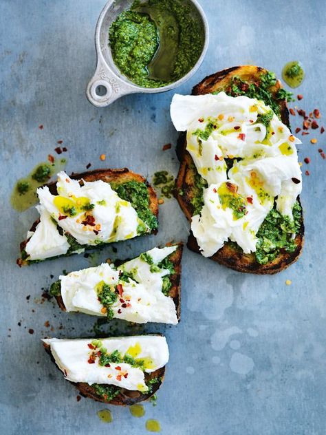 pesto, white anchovy and mozzarella bruschetta  |  donna hay White Anchovies Tapas, White Anchovies Recipes, Anchovy Tapas, Prawn Toast Recipe, White Anchovies, Antipasto Board, Mozzarella Bruschetta, Anchovy Recipes, Tapas Dinner