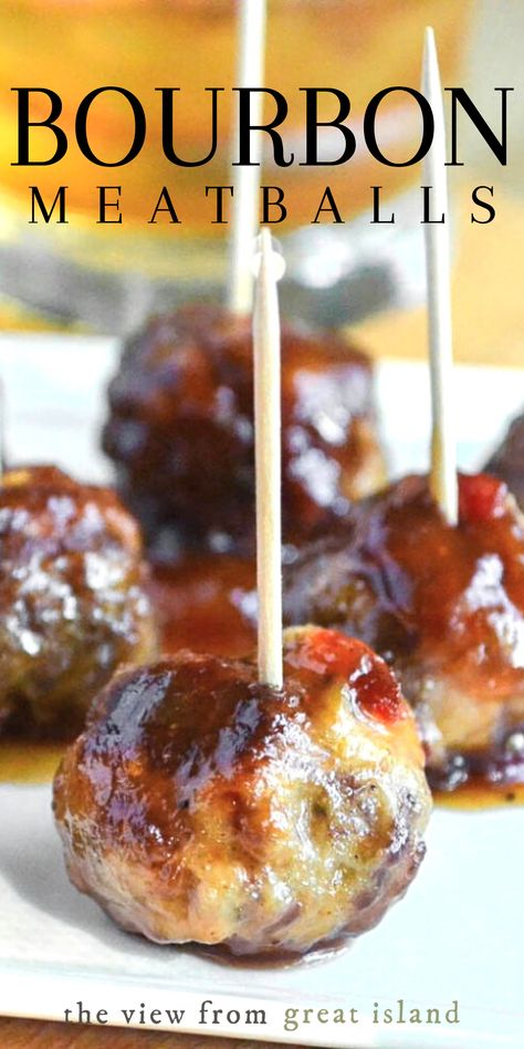 bourbon meatballs on toothpicks Bison Meatballs, Bourbon Meatballs, Bison Recipes, The View From Great Island, Best Bourbon, Cocktail Meatballs, Bourbon Cocktail, Appetizer Meatballs, Finger Foods Easy