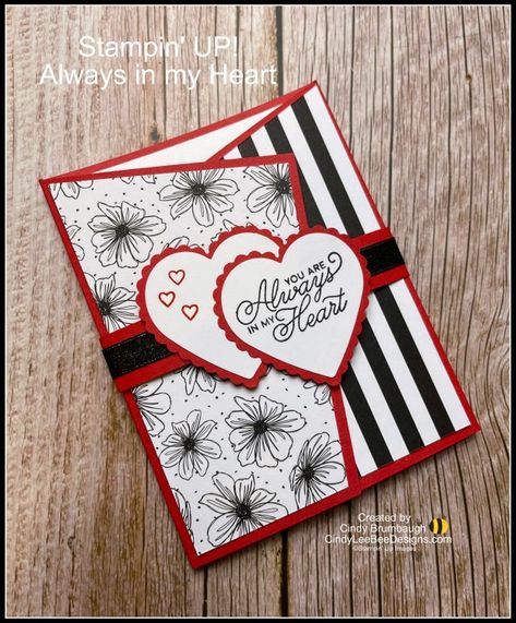 Stampin’ UP! Always in my Heart Angled Tri Fold Card Video Tutorial | Cindy Lee Bee Designs Stampin Up Valentine Fun Fold Cards, Stampin Up Many Hearts Dies Cards, Stamped Valentine Cards, Special Folds For Cards, Cards With Hearts Handmade, Trifold Cards Handmade, Stampin Up Valentine Cards For Men, Stampin Up Folded Cards, Male Valentine Cards