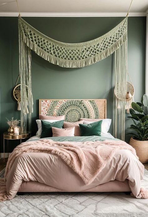 Imagine waking up in a bedroom that whispers tranquility and romance. A sage green and blush bedroom does just that, blending the serenity of nature with a Green And Blush Bedroom, Blush Bedroom Ideas, Sage Green And Blush Bedroom, Bohemian Bedroom Colors, Indigo Room, Pale Pink Bedrooms, Girls Bedroom Green, Cozy Bedroom Lighting, Sage Bedroom