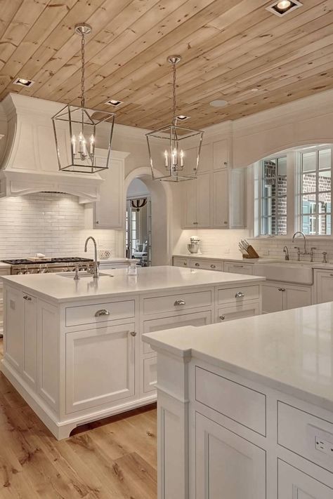 Light Quartz Countertops, White Kitchens With Quartz Countertops, Wood Tile Floor Kitchen, White Tile Kitchen Floor, Wood Look Tile Floor, Engineered Stone Countertops, Hickory Flooring, White Kitchen Tiles, Maple Floors