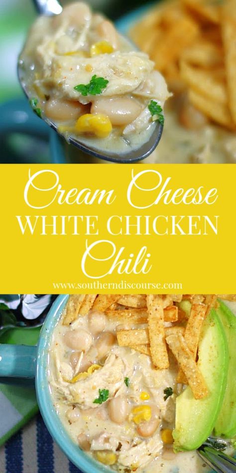 White Chicken Chili Crockpot Recipes With Cream Cheese, Cream Cheese White Chicken Chili, White Chicken Chili Recipe Crockpot, Creamy Chicken Chili, Cream Cheese Chicken Chili, White Chicken Chili Slow Cooker, Chicken Chili Crockpot, White Bean Chicken Chili, Slow Cooker Chicken Chili