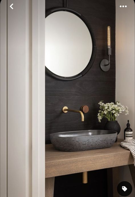 Black Powder Room, Lindye Galloway, Moody Bathroom, Modern Powder Room, Inspired Interiors, Powder Room Design, Gorgeous Bedrooms, Floating Vanity, Bathroom Inspiration Decor