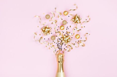 Champagne Confetti, Golden Decoration, Party Streamers, Flatlay Styling, Champagne Bottle, Digital Magazine, Pink Background, Christmas Decoration, Flat Lay