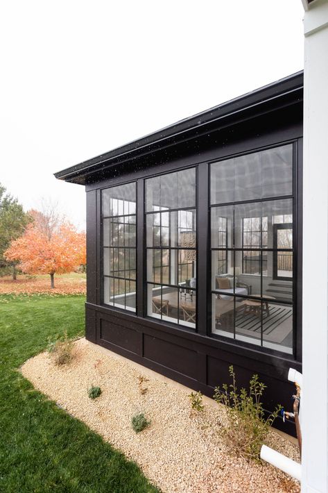 Black Sunroom, Conservatory Addition, Sunroom Exterior, Greenhouse Addition, Black Paint Colors, Enclosed Patio Ideas, Enclosed Front Porches, Alma Homes, Backyard Getaway