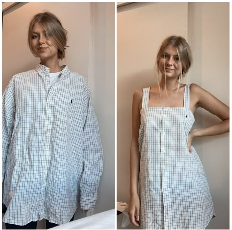 Diy Dress Out Of Mens Shirt, Men Shirt Recycle, Recycle Button Up Shirt Ideas, Men’s Button Up Shirt As Dress, Turning Old Clothes Into New Fashion, Button Up Shirt Into Dress, Mens Shirt As Dress, Men's Button Up Refashion, Old To New Clothes