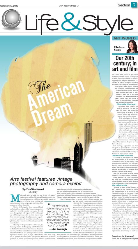 My feature page layout. Fall 2012. USA Today Life & Style section. - Amy M. Christensen School Publication, Newspaper Editorial, Newspaper Design Layout, Redesign Ideas, School Newspaper, Newspaper Design, Print Production, Dream Art, American Dream