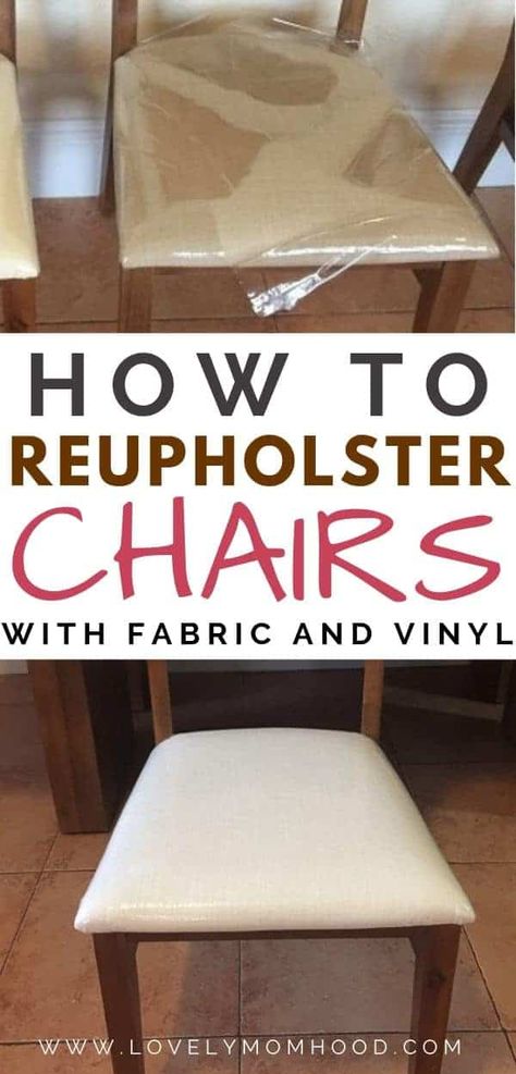 How to reupholster dining room chairs with new fabric and vinyl tutorial. | #reupholster #homeDIY #DIYhomeprojects #homeprojects Recovered Dining Chairs, Reupholster Dining Room Chairs, Dining Chairs Diy, Reupholster Chair Dining, Fabric Dining Room Chairs, Dining Room Chair Cushions, Vinyl Chairs, Reupholster Chair, Dining Room Remodel