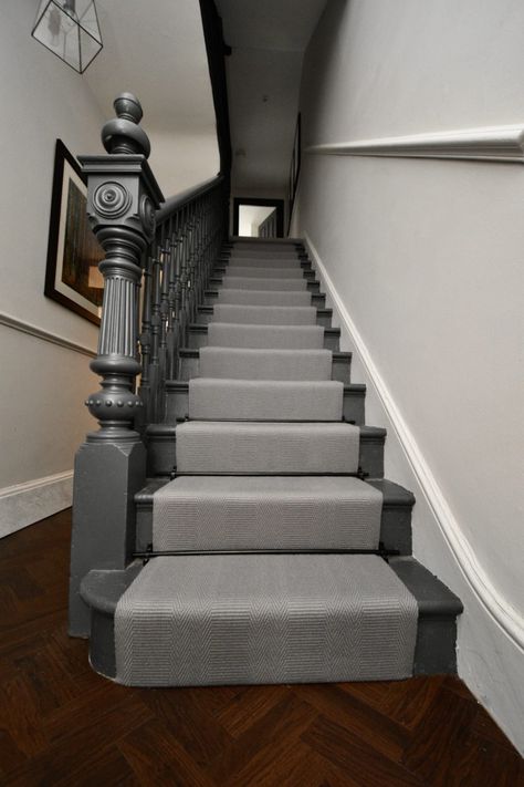 Morden - Dolphin Grey - Off The Loom Black Staircase Grey Carpet, Grey And Black Staircase, Grey Stairs With Runner, Black Stair Rods, Black Stairs With Carpet Runner, Black Stairs With Runner, Grey Stair Runner, Grey Stairs, Stairs Runners