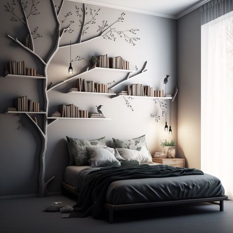 Forest Bedroom Ideas, Woodsy Bedroom, Branch Shelves, Forest Baby Rooms, Woodland Theme Bedroom, Forest Kids Room, Forest Themed Bedroom, Woodland Room, Woodland Bedroom