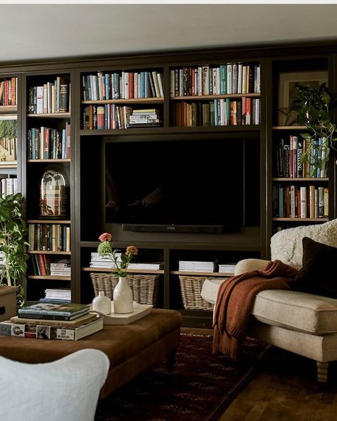 Dark Walnut Floors Living Room Decor, Book Shelf Tv Wall, Dark Built Ins Living Room, Gray Room Ideas, Color In Interior Design, King Hezekiah, Hide Tv, Gray Room, Diy Organizer