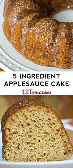 5-Ingredient Applesauce Cake | 1 (15.25 oz.) package yellow cake mix, 1 tablespoon apple pie spice mix, 3 eggs, 2 cups unsweetened applesauce, 1 1/2 teaspoons vanilla extract Optional: Glaze 1 cup powdered sugar, 1 teaspoon cinnamon, 1-2 tablespoons whole milk | Preheat 305F.  Bake 40-45 in a bundt pan Uses For Unsweetened Applesauce, Cake Mix Applesauce Muffins, Cake Mix Applesauce Cake, Applesauce Cake Mix Recipe, Applesauce Cake Easy, Applesauce Bundt Cake Recipe, Apple Sauce Cake, Applesauce Recipes, Applesauce Cake Recipe