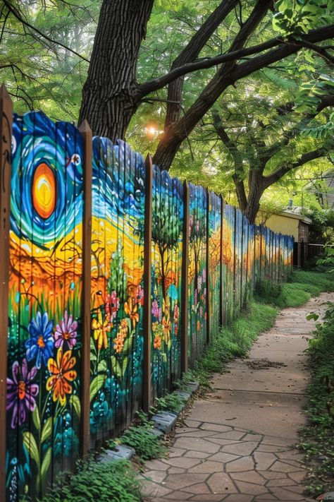 Paint Fence Ideas Backyards, Fence Mural Ideas, Mural Fence, Fence Murals, Privacy Fence Ideas, Hippie House, Wall Charm, Fence Options, Garden Fence Art