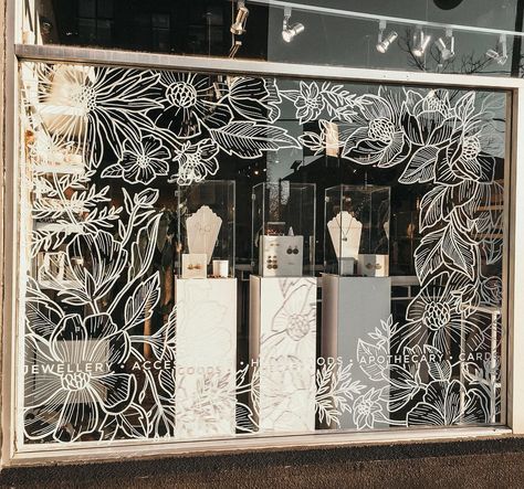 Natasha Runions on Instagram: “Oops... I think we might have jinxed it! 😅 This window mural was finished last week, pre-snowfall! . . . . #natasharunionsart #ottawa…” Window Art Stencils, Window Display Painting, Window Display Drawing, Business Window Painting, Store Window Painting, Spring Window Art, Shop Mural, Painted Window Art, Summer Window Display