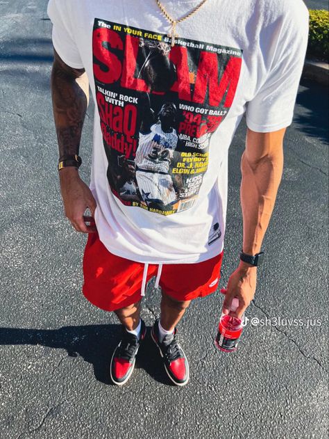 Jordan 3 Unite Outfit, Jordan 1 Bred Outfit Men, Red And Black Outfits Men Street Styles, Jordan 1 Bred Outfit, Black Jordans Outfit, Graphic Tee Outfit Men, Black Shoes Outfit, Air Jordan Outfit, Spiderman Outfit