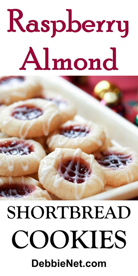 Tender, buttery shortbread with a hint of almond, then filled with a luscious raspberry jam. Of course, a little drizzle of icing is all it takes to take these from wonderful to spectacular. One of my favorite Christmas cookies! | DebbieNet.com Almond Shortbread, Almond Shortbread Cookies, Raspberry Cookies, Christmas Baking Recipes, Raspberry Almond, Jam Cookies, Recipes Cake, Cakes Recipes, Simple Cake