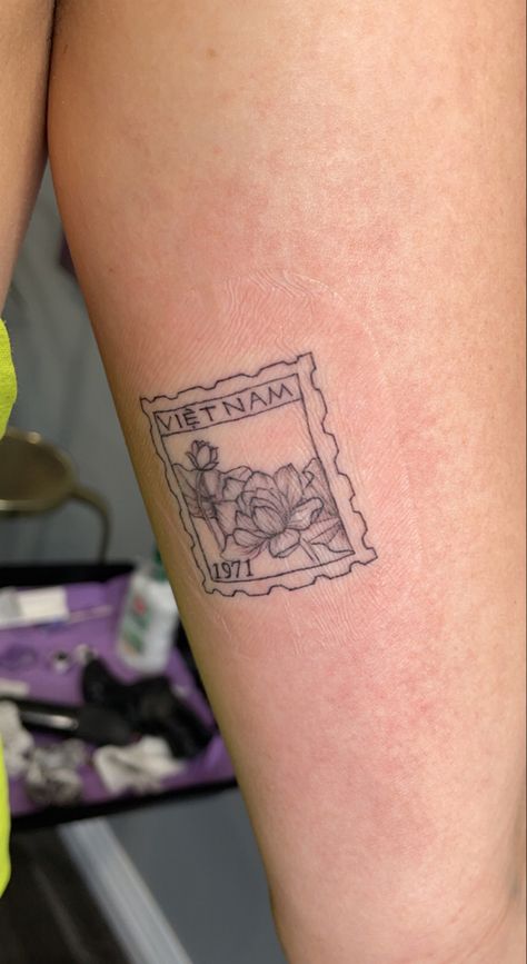 Vietnam Postage Stamp Tattoo, Lotus Stamp Tattoo, Made In Vietnam Tattoo, Vietnamese Tattoo Ideas Symbols, South East Asia Tattoo Ideas, Vietnamese Stamp Tattoo, Vienna Stamp Tattoo, Vietnam Stamp Tattoo, Vietnam Tattoo Ideas Design