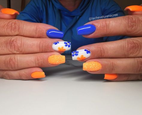 Orange Snd Blue Nails, Bright Blue And Orange Nails, Coral And Blue Nails Summer, Royal Blue Floral Nails, Royal Blue And Orange Nail Designs, Blue White Orange Nails, Blue And Orange Nail Art, Navy Blue And Orange Nail Designs, Blue And Orange Flower Nails