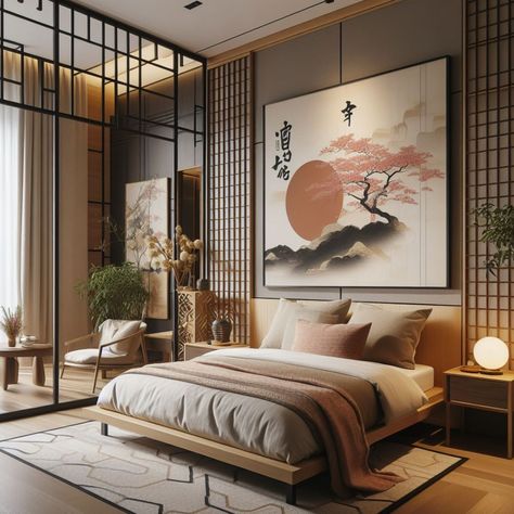 Minimal Orientalism Interior, Japanese Interior Design Bedroom, Bedroom Design Japandi, Japanese Interior Design Minimalist, Bedroom Ideas Japandi, Bedroom Decor Ideas Cozy, Cozy Bedroom Paint Colors, Bedroom Design Cozy, Bedroom Interior Modern