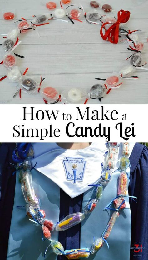 Learn how to make a candy lei with this simple tutorial. A candy lei is the perfect gift to celebrate graduation, a birthday or an arrival or departure. Candy Lei Diy, Graduation Leis Diy, Lei Ideas, Candy Lei, Graduation Photo Shoot, Diy Locker, Stitch Party, Diy Wainscoting, Graduation Candy