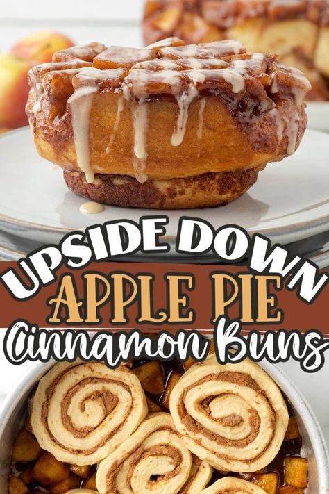 Apple Pie Cinnamon Rolls are a deliciously sweet breakfast recipe that combines two favorites: canned cinnamon rolls and apple pie! Soft cinnamon buns are topped off with a gooey homemade apple pie filling. Apple Upside Down Cinnamon Roll Cake, Upside Down Apple Cinnamon Roll, Upside Down Apple Pie Cinnamon Rolls, Canned Cinnamon Rolls Apple Pie Filling, Apples And Cinnamon Rolls, Upside Down Apple Pie, Blackberry Muffin Recipe, Apple Pie Cinnamon Rolls, Canned Cinnamon Rolls