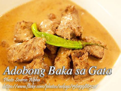 Beef Adobo with Coconut Milk (Adobong Baka sa Gata) | Panlasang Pinoy Meat Recipes Beef Adobo, Coconut Milk Sauce, Beef Meals, Vegetable Soup Healthy, Adobo Recipe, Indian Chicken Recipes, Coconut Milk Recipes, How To Cook Beef, Adobo Chicken