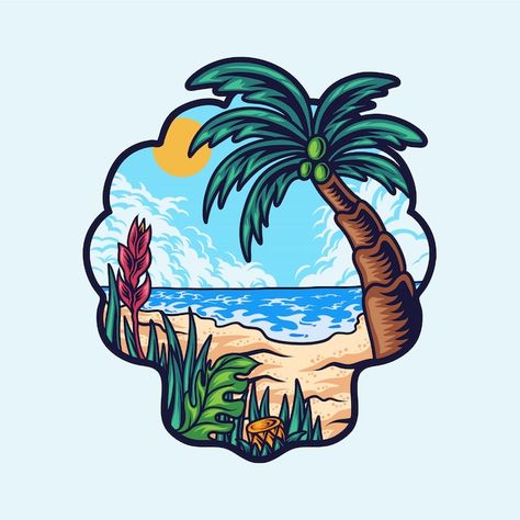 Summer shell Premium Vector | Premium Vector #Freepik #vector #beach-tree #beach-illustration #coconut-tree #palm-beach Tattoos Infinity, Beach Drawing, Tattoos Mandala, Retro Painting, Tattoos Geometric, Beach Illustration, Small B, Graphic Tshirt Design, Surf Art