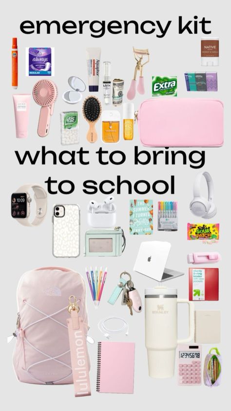 School backpack inspo 8th Grade Backpacks, Backpack Packing List School, What’s In My School Backpack Ideas, That Girl Backpack, Preppy Backpack Essentials, Things To Put In Your Backpack, School Backpacks Essentials, Bookbag Essentials, Backpacks Middle School