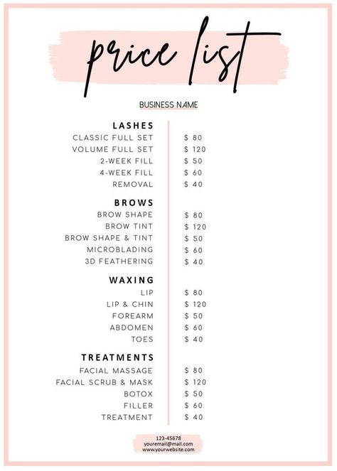 Hair Price List, Hair Salon Price List, Kelly Hair, Hair Salon Prices, Makeup Prices, Esthetician Room Decor, Salon Price List, Esthetician Marketing, Eyelash Tips