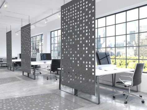 The Ezo-board can make for a divider, privacy screen, noise absorption, and design additive. Open Office Design, Office Dividers, Industrial Office Design, Cool Office Space, Open Space Office, Modern Office Space, Office Interior Design Modern, Modern Office Interiors, Corporate Office Design