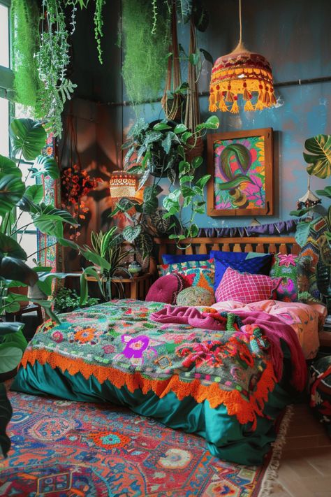 hippie inspired retro bedroom with funky colors Merida Homes, Funky Retro Bedroom, Colorful Maximalist Bedroom, Maximalism Bedroom, Retro Bedroom Ideas, Mexican Interior Design, Bedroom Eclectic, Funky Colors, Funky House