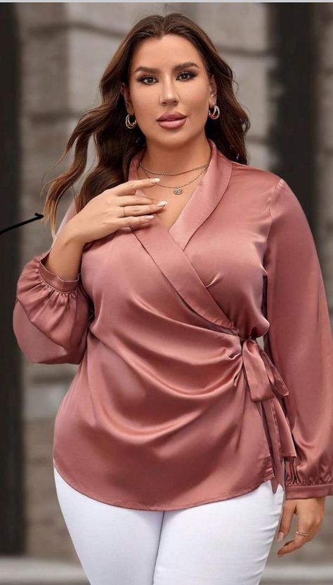 Wrap Top Outfit Classy, Wrap Top Outfit, Satin Blouse Outfit, Top Designs For Women, Satin Wrap Blouse, Cotton Tops Designs, Fashion Work Outfit, Classy Blouses, Evening Blouses