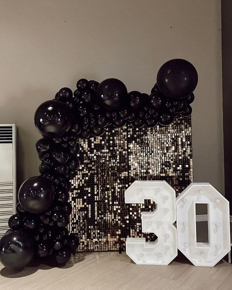 Our client wanted a shiny shimmer backdrop to bring in the 30's and we certainly made it happen 😍✨ 30th Bday Backdrop Ideas, 30th Birthday Party Backdrop, Black And Silver 30th Birthday Party, Twins 30th Birthday Ideas, Black Backdrop Ideas, 30th Birthday Backdrop Ideas, Black 30th Birthday Party, 30th Birthday Backdrop, 30th Birthday Decor