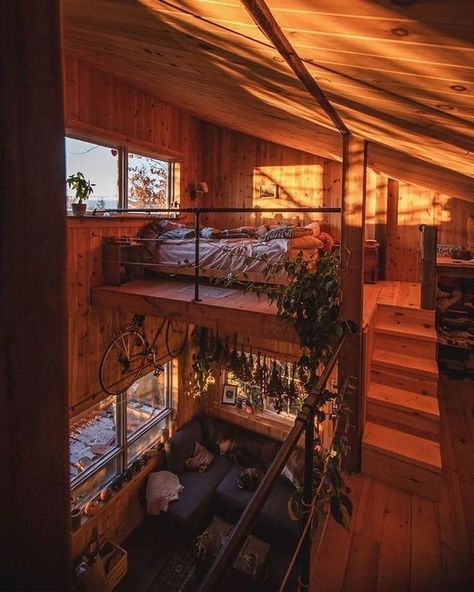 Instagram • Direct Cabin Aesthetic, Off Grid Cabin, Tiny House Inspiration, Cabin Living, Attic Bedroom, Tiny House Interior, Tiny House Cabin, Small Cabin, Cabins And Cottages