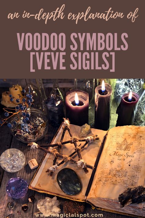 In this article, we'll explain the meaning behind the most known Voodoo Symbols, also known as Vodoo Sigils or Vevès. Voodoo Symbols, Voodoo Doll Spells, Voodoo Art, Occult Magic, Candle Magic Spells, Wiccan Rituals, Hex Signs, Witchcraft Spells For Beginners, Spells For Beginners