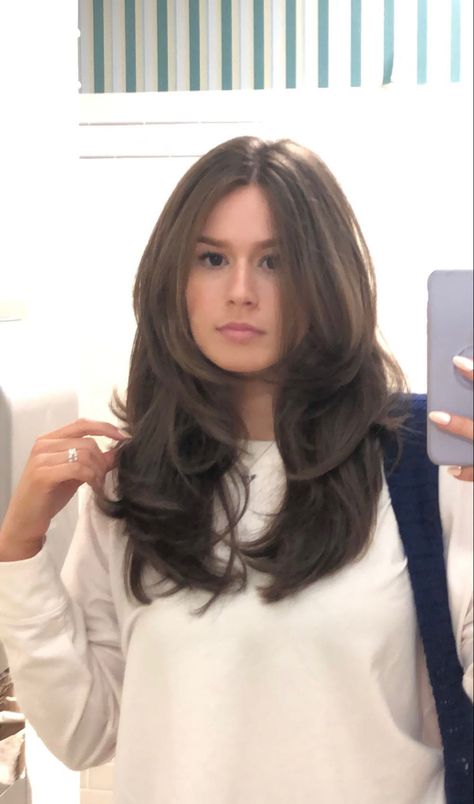 Middle Part Long Layers Curtain Bangs, Dramatic Layers Long Hair With Curtain Bangs, Long Hair Cut For Round Face Shape Girl, Haircut For Thinning Hair Round Face, Midlegth Layers, Layers For Long Hair Round Face, 90s Hair Round Face, Long Haircut For Round Chubby Face, Front Layers With Curtain Bangs