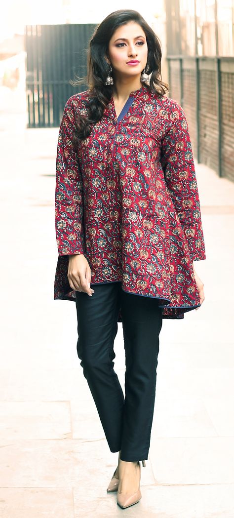 #prints #floral #colour #pop #asymmetrical #tunic #fashion #women #cotton #style #casual #Fabindia Short Kurtis For Jeans Cotton Style, Kalamkari Tops, Umbrella Kurti, Printed Tunics, Kurti Short, Kameez Design, Top Designs For Women, Cotton Short Tops, Tunic Fashion