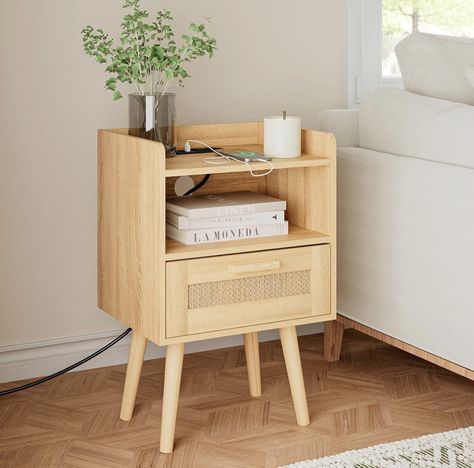 Boho Bedside Table, Rattan End Table, Side Tables For Bedroom, Wood Table Legs, End Tables With Drawers, Side Table With Drawer, Yellow Living Room, Solid Wood Table, Modern Nightstand