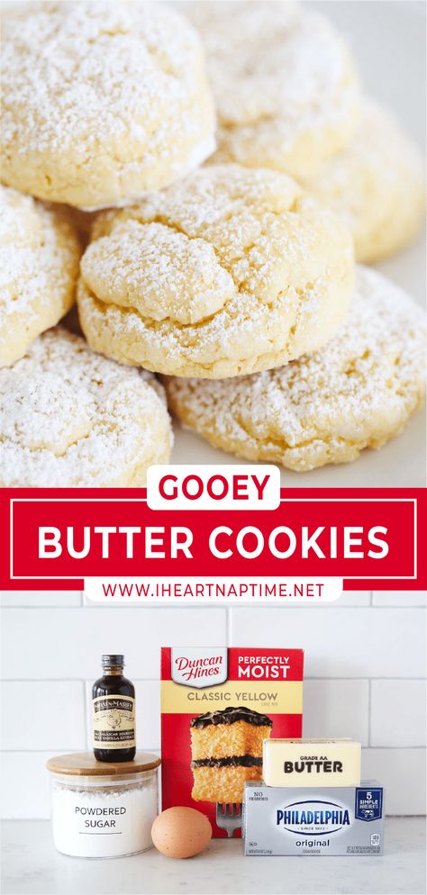 In just 1 hour and a handful of ingredients including a boxed cake mix, butter, sugar, and cream cheese, these gooey butter cookies are the perfect cookie recipe when you need a quick and easy dessert! Cake Mix Butter Cookies, Cookies From Box Cake Mixes, Goody Butter Cookies, Cream Cheese Butter Cookies, Ooey Gooey Butter Cake Cookies, Classic Butter Cookies, Ooy Gooy Butter Cookies, Butter Cookie Cake Mix Recipe, Easy Big Batch Cookies