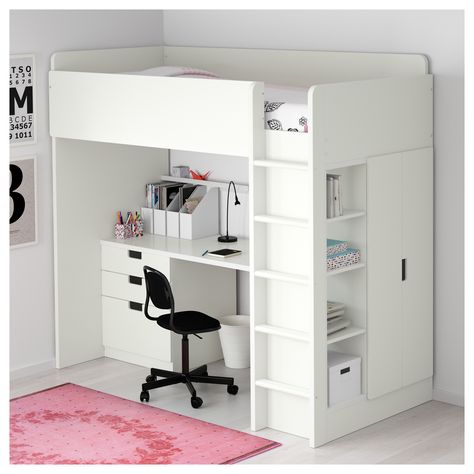 IKEA STUVA loft bed combo w 3 drawers/2 doors Stuva Loft Bed, Bed With Desk Underneath, Ikea Loft, Ikea Bunk Bed, Ikea Loft Bed, Girls Loft Bed, Ikea Stuva, Desk Wardrobe, Bunk Bed With Desk