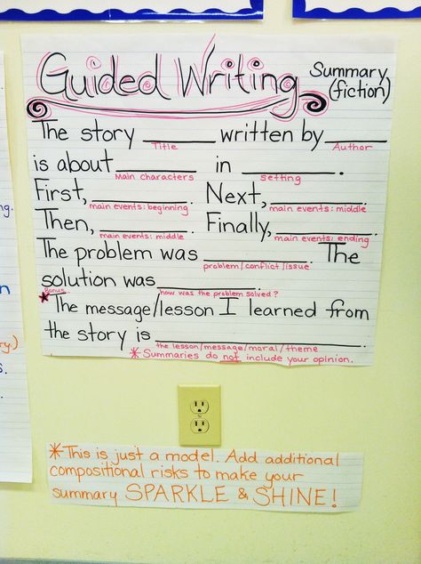 Guided Writing for Summaries (Fiction) Anchor Chart Writing Goals Anchor Chart, Objective Summary Anchor Chart, Summary Writing Example, Writing Strategies For Elementary, Guided Writing Second Grade, Racer Anchor Chart, Summary Anchor Chart, Summarizing Anchor Chart, Ela Anchor Charts