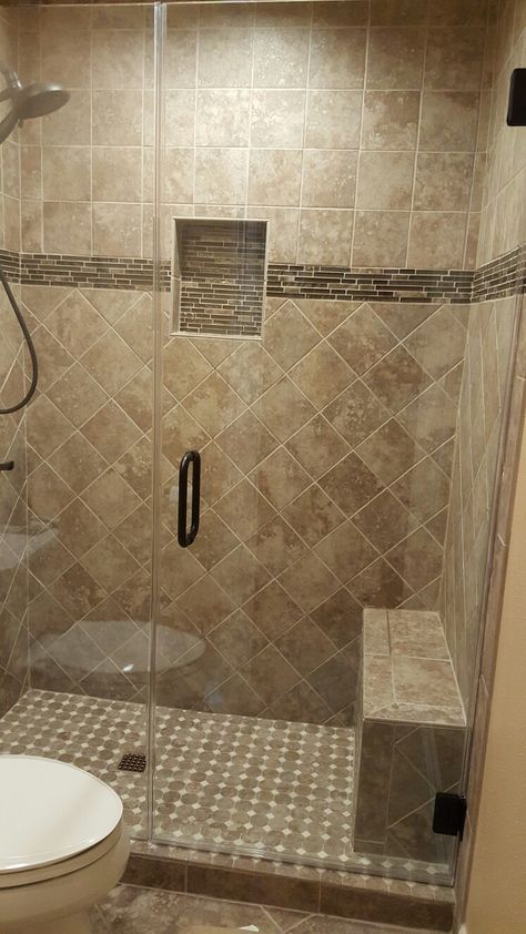 Great design by Jason Moore... Tile Walk In Shower Ideas, Tile Shower With Bench, Cabin Bathroom Remodel, Earth Tone Bathroom, Shower With Bench, Country Bathrooms, Tan Tile, Bathroom Remodel Small Diy, Tile Walk In Shower