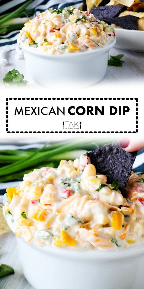 A quick and easy Mexican Corn Dip Recipe made with cream cheese and jalapeños! This is one dangerously delicious, crowd-pleasing party appetizer that's sure to liven up any event! Make it ahead and serve it cold, or serve it right away at room temperature, it's perfect alongside Fritos, tortilla chips, or even fresh veggies for scooping! Mexican Corn Dip Recipe, Easy Mexican Corn, Corn Dip Recipe, Mexican Corn Dip, Recipe With Cream Cheese, Corn Dip Recipes, Mexican Corn, Corn Dip, Cream Cheese Dips