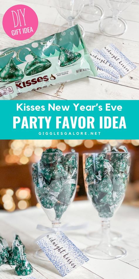 Champagne Glasses Filled With Hershey’s Kisses. With Text Reading: DIY Midnight Kisses New Year’s Eve Party Favor Idea. Gifts For New Year’s Eve, New Year Eve Gift Ideas, New Years Eve Party Favors For Adults, New Year’s Party Favors, New Year’s Eve Party Favors, New Year Tags Free Printable, New Year’s Eve Treats, Diy Party Favors For Adults, New Years Eve Gifts