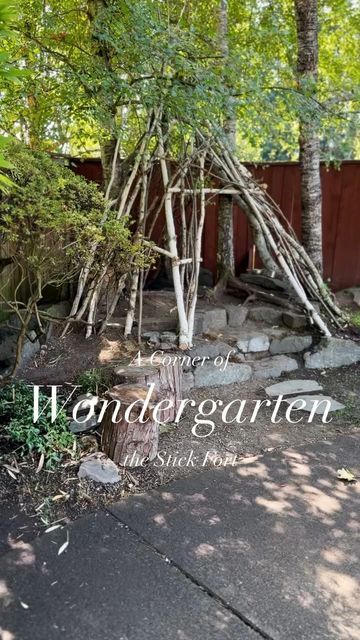 Wondergarten on Instagram: "A little corner of Wondergarten ⛺️This is what the children call the “Stick Fort” and I spent the summer fixing it up and clearing out the space around it. We received some questions about how I built this, so I also wanted to share some details shots and close ups to give a sense of what it’s like. This summer, we had a number of our trees trimmed and I asked the arborist to strip and down the longest branches and set them aside for me. Then I positioned the three l Stick Fort, Natural Backyard, Fort Ideas, Diy Fort, Little Trinkets, Play Fort, Kids Forts, Outside Games, Long Branch